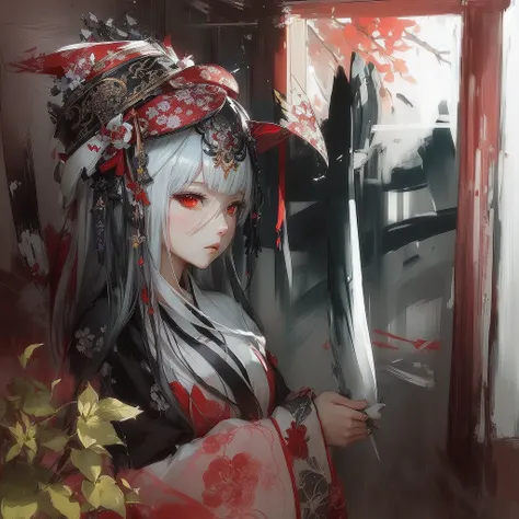 Anime girl in a red hat and a red and white dress, Zerochan Art, beautiful Anime Artwork, Onmyoji portrait, onmyoji, beautiful Anime Art, The Detailed Art of the Onmyoji, Anime Art, White-haired God, The sharp gaze of the Yuki-onna, by Shimo, Pixiv, Gwaiz,...