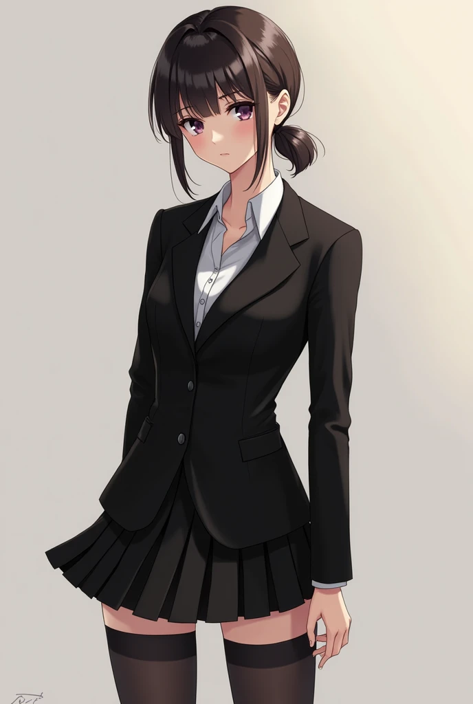 Create a white girl sitting with a ponytail, with all black school uniform. with skirt and black stockings, showing a little thighs, sexy