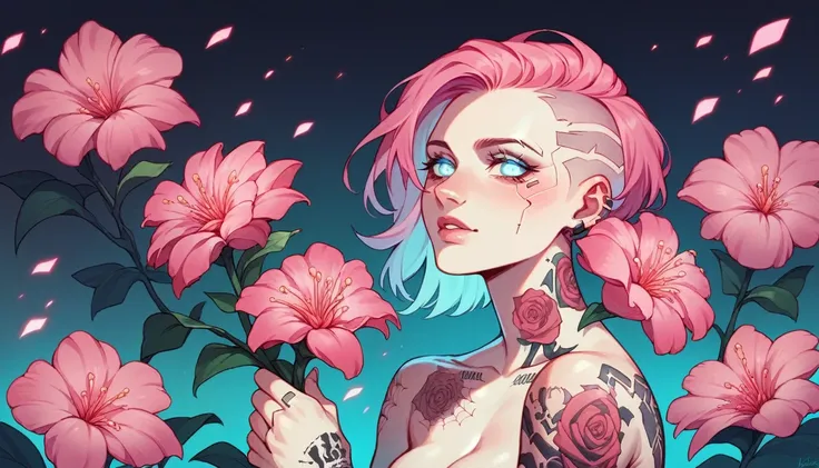 beautiful woman with neon-tattoos holding flowers, with painted-body in cyberpunk aesthetic, high resolution, glowing skin, digital art, dark background, neon colors, neck and body-tattoos, glowing blue eyes, pink flower in hand tattooed body-parts