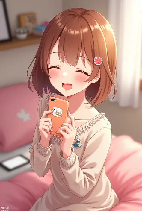 Anime girl with: brown hair , eyes Close, blushing,smile and a phone on her room 