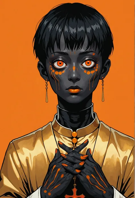 A priest with black gold skin, orange hands and short hair in the style of Junji Ito, with a minimal background