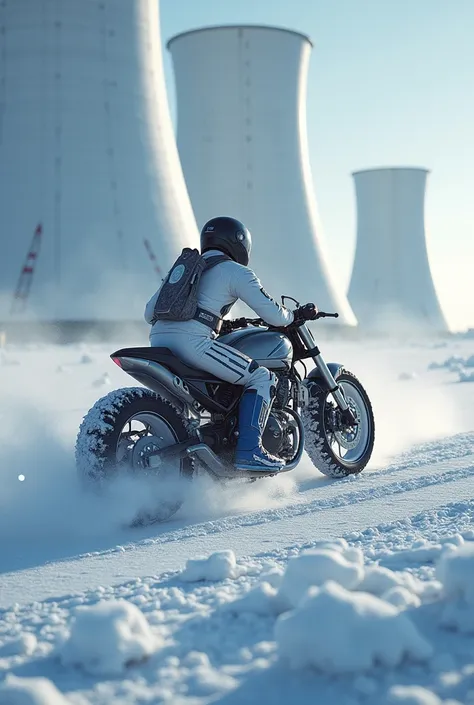 Futuristic motorcycle race in a snowy South Pole power plant