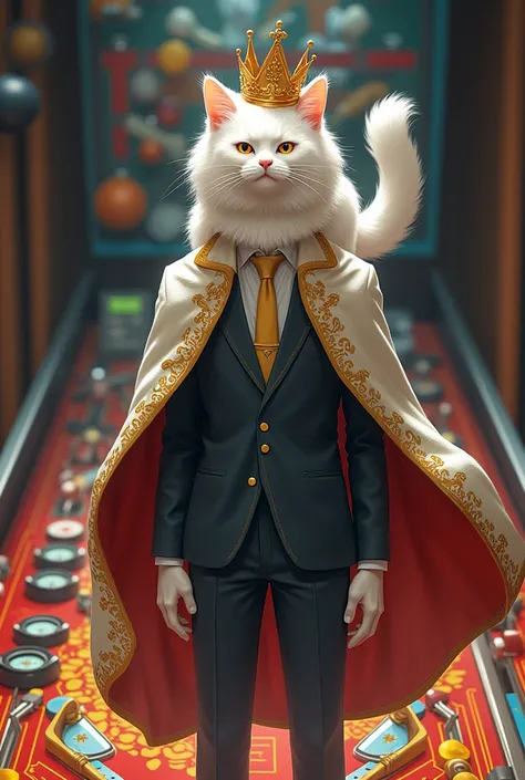 Create an anime character image with a white cat through a pinball machine on the head controlling a human body dressed in a suit, a crown and a royal cape.