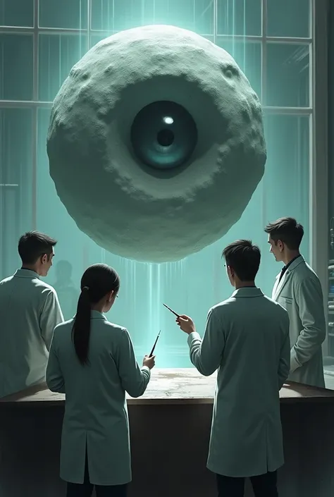 A group of 4 scientists with their backs turned looking at a glass window where there is a grey square stone-shaped object floating above a table that flickers and the object has an eye in the center, In addition, a scientist has a syringe and a drill tryi...