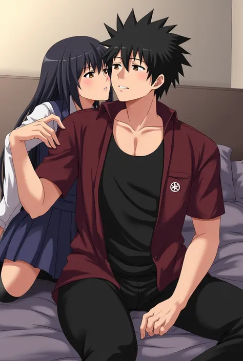 Anime couple in the bedroom, the man wears a black tank top inside, outside is a maroon short-sleeved shirt, unbuttoned all over, there is a gear symbol on the left pocket of the shirt, wearing black pants, the woman wears a school girl uniform, long black...