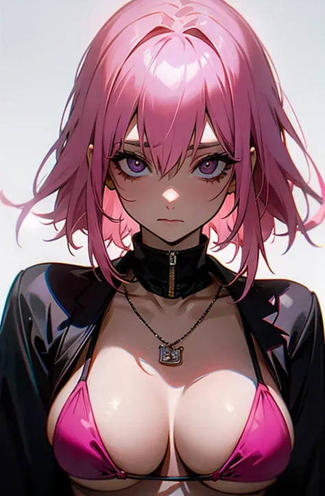 Cool women、sexy、Center of chest、Rize from Chainsaw Man、beauty、Yandere、、Face close-up、Chest tattoo、Christian Dior Necklace、(Swimwear)、((Pink hair)).((フルボディ)).(ゴスロリ)、