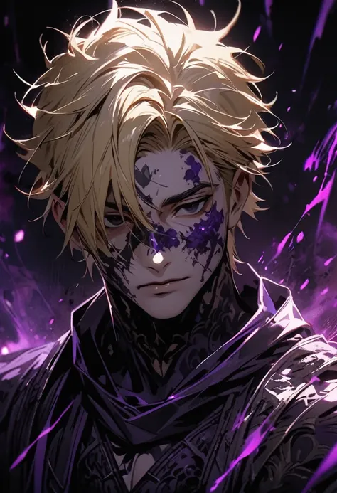 male, solo, handsome, blind, totally black eyes, blond hair, dark purple aura, high detail, warrior, macro picture. dark purple tatoo on face