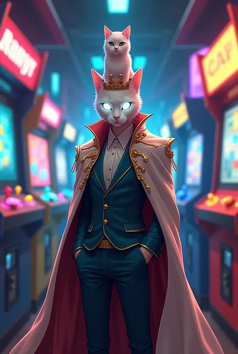 Create an anime character image with a white cat through an arcade head controlling a human body dressed in a suit, a crown and a royal cape.