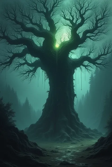 Create a dark fantasy landscape featuring an ancient, towering tree with twisted, gnarled roots spreading across the ground. The tree should have a haunting, ethereal glow emanating from its core, with faint, ghostly wisps floating around it. The surroundi...