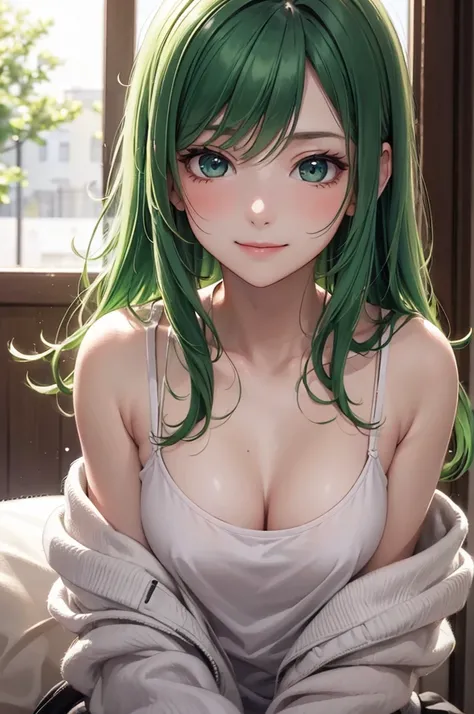 Best Quality,High resolution,8k,finelity detailed background,Masterpiece:1.2),beautiful girl,Shiny green hair,messy hair,Green Eyes,Gentle look,A refreshing look,smile,Best quality,Best Quality,Aesthetic and aesthetic:1.2,Best details((Super detailed))(Hig...