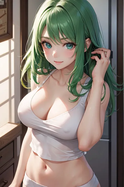 Best Quality,High resolution,8k,finelity detailed background,Masterpiece:1.2),beautiful girl,Shiny green hair,messy hair,Green Eyes,Gentle look,A refreshing look,smile,Best quality,Best Quality,Aesthetic and aesthetic:1.2,Best details((Super detailed))(Hig...