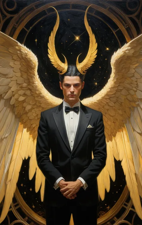 a painting of a man in a tuxedo with wings on his head, by Donato Giancola, style of donato giancola, lucifer, brad kunkle detailed, inspired by Donato Giancola, brad kunkle elson peter, inspired in donato giancola, tom bagshaw donato giancola, oil canvas ...