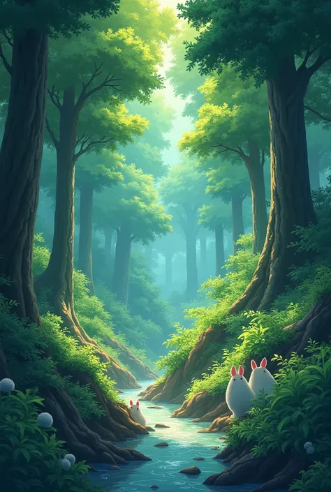 /imagine prompt: Viral anime nature wallpaper in 4K quality, in the style of digital illustration inspired by Hayao Miyazaki, featuring a serene forest with towering ancient trees, dappled sunlight filtering through the leaves, a gentle stream flowing thro...