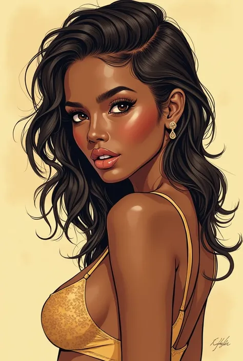 create a line art with kooleens art style (semi-realistic style) featuring a typical golden-toned darkskin brazilian girl and make it look like a thirst trap