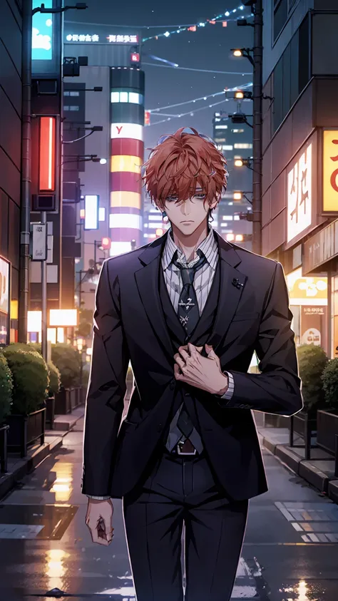 1 young man, male photo, business suit,melancholy look,night city,in tokyo city,high quality, best quality, masterpiece, 8k