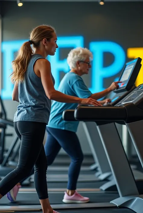 Have an elderly woman and a trainer monitor her walking workout on the treadmill, in the background, FEPI is written clearly in blue and yellow