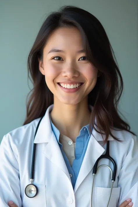 A photo portrait of an happy charity doctor, front view, photorealistic, hyperrealist, hdr, ultra resolution, perfection, super-resolution, gigapixel, nikon d850, sigma 28mm f/1.4