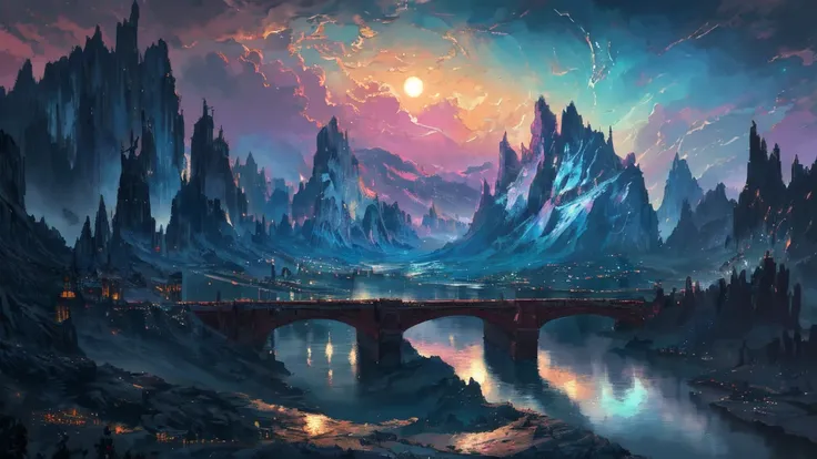 a painting of a river with a full moon in the background, digital art inspired by Andreas Rocha, pixiv contest winner, fantasy art, magical landscape, magical environment, beautiful anime scenery, detailed dreamscape, beautiful anime scene, night scenery, ...