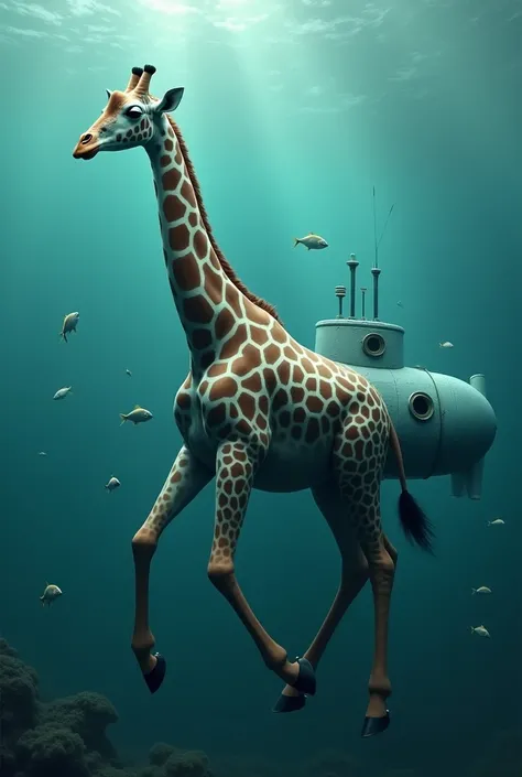 "Giraffe × Submarine":
"A giraffe with a metallic, submarine-like body floating underwater. Its long neck extends above the water surface like a periscope. Fish swim around its legs, which have propellers attached. The giraffes spots are replaced with port...