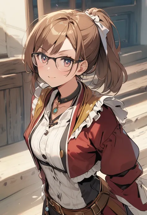 pirate girl,brown hair,ponytail,buffed,glasses,pirate,confident,cheerful