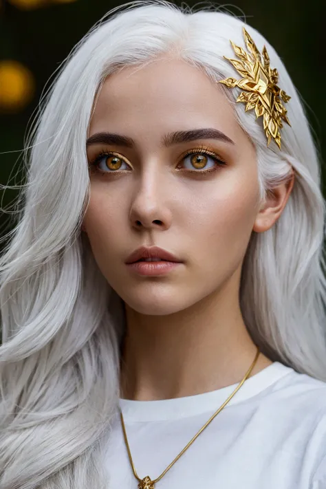 girl with white hair and golden eyes with aesthetic build