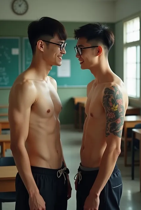 2 Chinese handsome naked chinese boy smile at each other , wearing glasses ,super realistic, romantic, chinese Men God,chinese school teacher and students, , Chinese handsome, Handsome model , Topless, strong  Muscles Athlete body, top up Frame, Sexy, Prof...