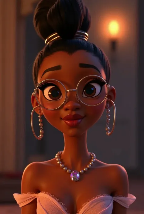 princess Tiana, mohawk haircut, evening gown, night vision, glasses, simple look, regular person, high quality, cartoon style, Disney style, beautiful detailed eyes, beautiful detailed lips, extremely detailed eyes and face, long eyelashes, intricate detai...