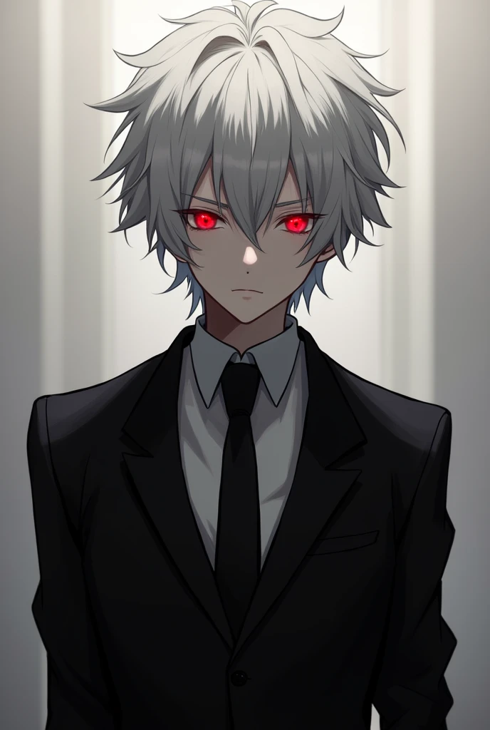 ((One Person)),Anime boy with white hair and red eyes staring, Glowing red eyes,slim, dressed in a black outfit,monochromes,hair messy,deadpan