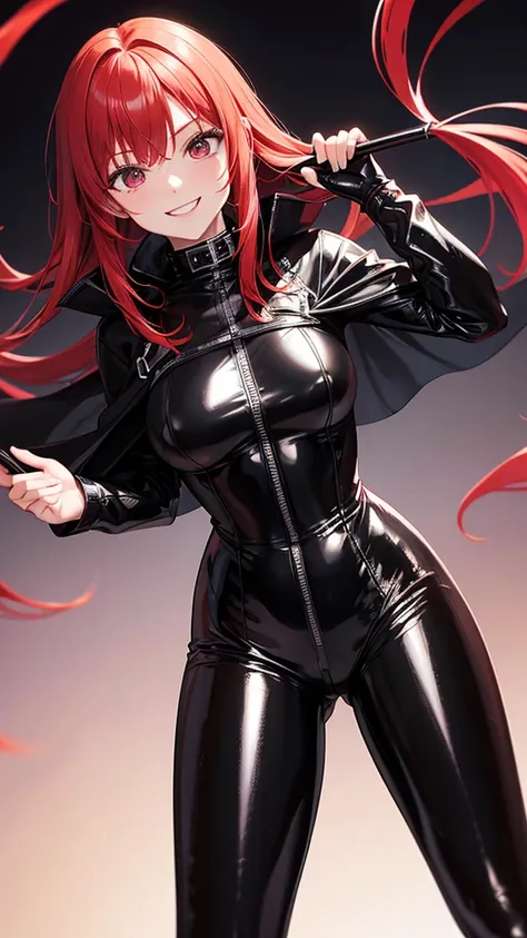 17 year old red haired female with sadistic smile wearing black shiny PVC bodysuit and black shiny PVC cape in high resolution, Highest quality, Shortcuts, 