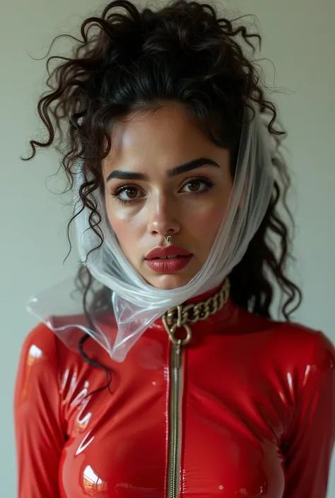 arab woman, young, naked, very curly mullet, septum piercing, dimples, thick belt around neck, naughty expression, tranparent plastic bag over head, head wrapped in pastic, suffocating, choking, red shiny latex bodysuit, close-up, UHD, retina, masterpiece,...