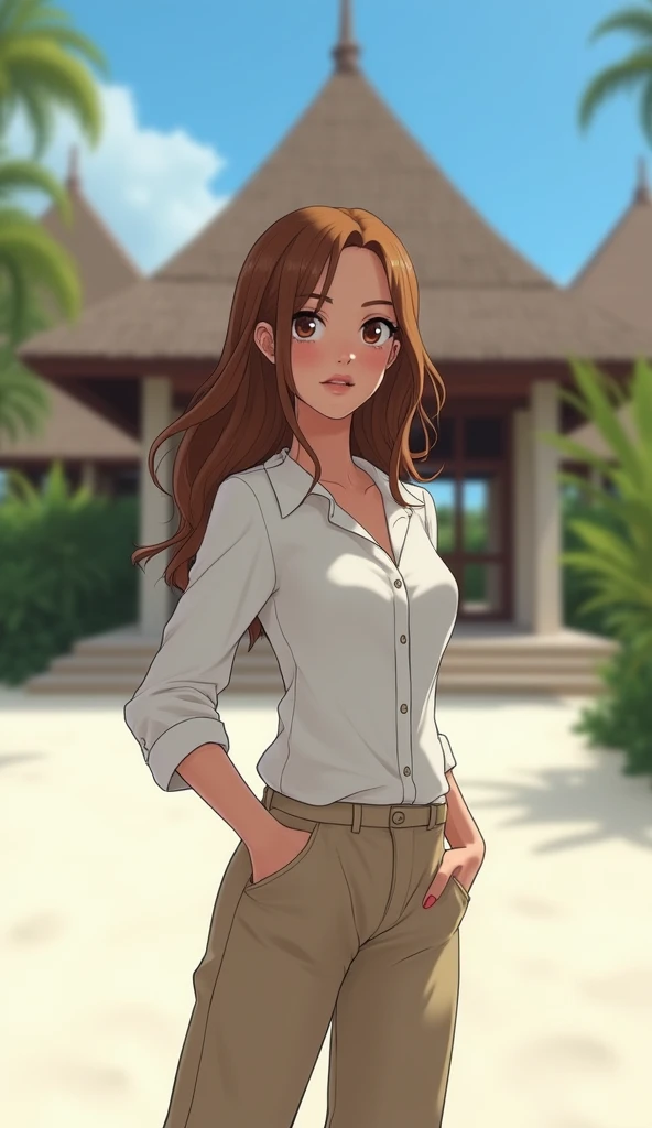 1 girl, beautiful, long wavy hair, almond eye, no makeup, ((white shirt and khaki pants)), in front of Balis architecture luxury resorts, (from below:1.2), (realistic:1.2), (very detailed:1.1), summer, white sand, beach,, sunny, Bali vibes
