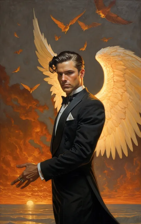 a painting of a man in a tuxedo with wings on his head, by Donato Giancola, style of donato giancola, hell, lucifer, brad kunkle detailed, inspired by Donato Giancola, brad kunkle elson peter, inspired in donato giancola, tom bagshaw donato giancola, oil c...