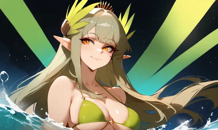 1girl, muelsyse (arknights), arknights  masterpiece, best quality, very aesthetic, absurdres, newest  simple background, space background. lime bikini, greenery, water, orange eyes,elf ears, slim body,///// ,by nyantcha, , cutesexyrobutts,khyle ,,////// 18...