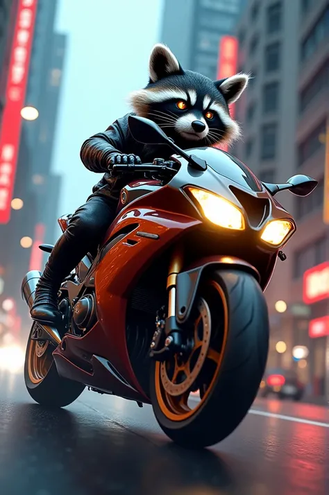 A raccoon riding a Kawasaki MACH motorcycle