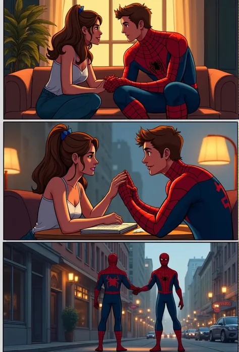 storyboard of Peter Parker late 20s sitting with Mary Jane late 20s talking and laughing, one at home, one at the theater, and the last one on a New York street, holding his right hand, modern style.