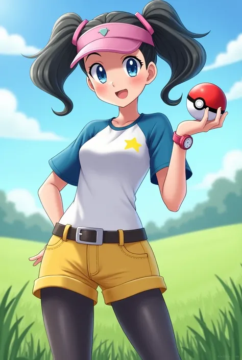 masterpiece, Highest quality, High resolution, B1, Hair Bun, blue eyes, Twin tails, Visor Cap, pantyhose, Raglan sleeves, Yellow shorts, shirt, Pink ribbon, watch, Are standing, Cowboy Shot, Field, Pokéball (Basic), smile