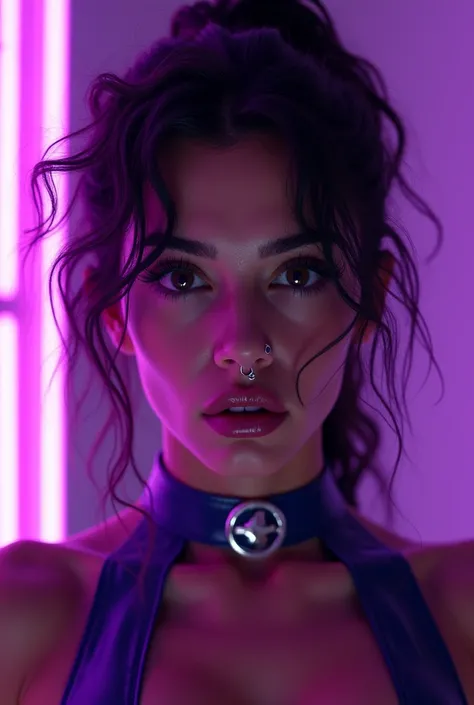 arab woman, young, naked, very curly mullet, septum piercing, dimples, thick belt around neck, naughty expression, prostitute, purple neon light, purple shiny latex bodysuit, close-up, UHD, retina, masterpiece, accurate, anatomically correct, textured skin...