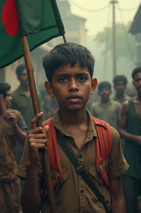 A 16 years boy is Bangladeshi he stood still with a flag of his hand some people are ill and cries