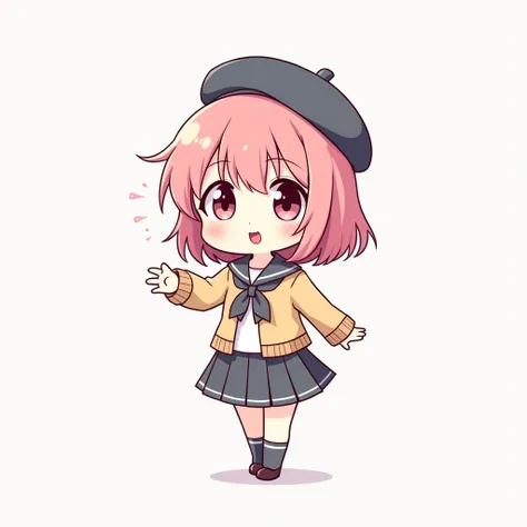 A chibi version of the emote drawn by thick black lines, Flat colorDifferent expressions of a short pink-haired girl in a beret，meme