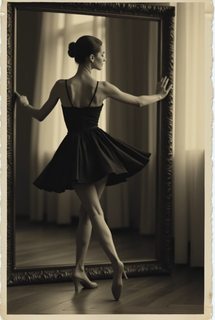 a woman in a black dress is posing for a picture in front of a mirror with her legs crossed, elegant pose, arabesque, Camille Bombois, a polaroid photo