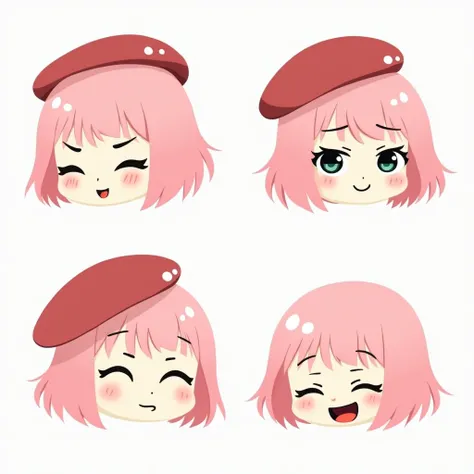 A chibi version of the emote drawn by thick black lines, Flat color,Different expressions of a short pink-haired girl in a beret，meme