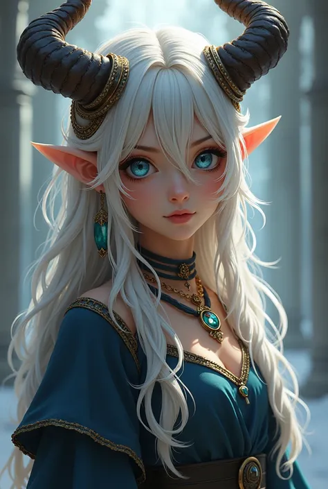 girl, horns, jewelry on horns, long hair, blue eyes, fantasy clothes