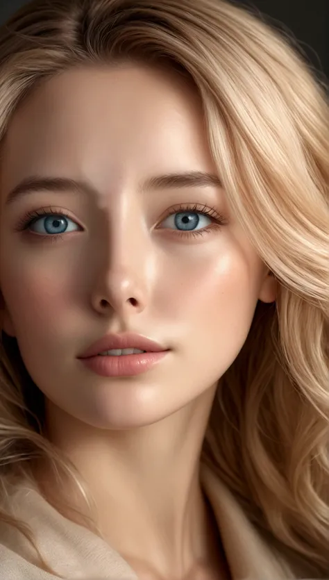 une belle fille aux longs cheveux blonds, detailed eyes, nose, and lips, porter une tenue professionnelle, assise dans son bureau, en utilisant son ordinateur, ordinateur HP (best quality,4K,8k,high resolution,head of&#39;artwork:1.2),ultra-detailed,(reali...