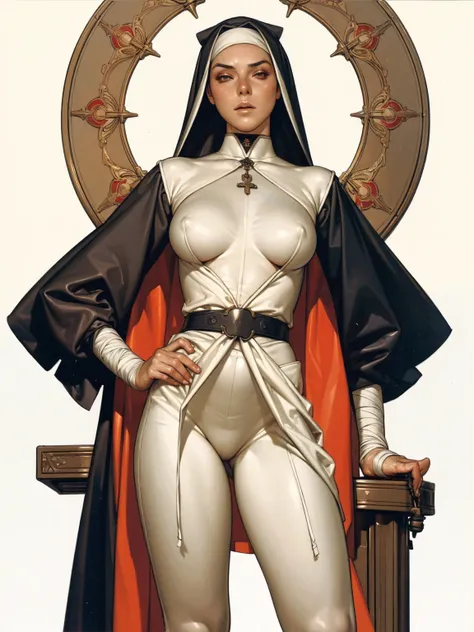 (((Annie Lennox))), ((( nun suit ))), (((Bandaged body))), ((high collar)), (((black with red details))), (((best qualityer: 1.4))), (Unbeatable masterpiece), (hiper HD),(CG 8k hyper-realistic), (((brave face))), (((breasts big))), (((hyper feminine))), se...