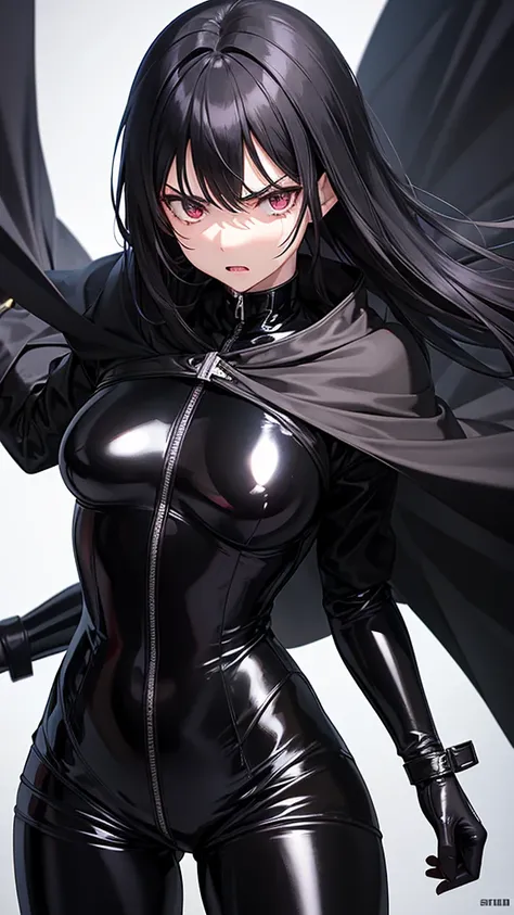 Sadistic 17 year old black haired female wearing a black shiny PVC bodysuit and a black shiny PVC cape in high definition, Highest quality,Gaze, Angry, 