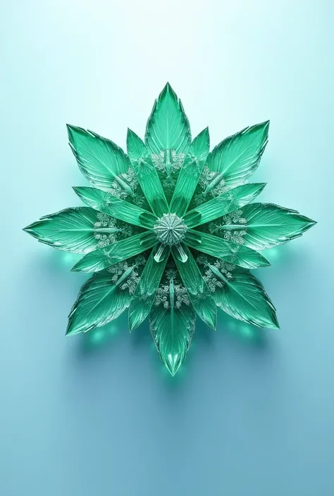 An illustration of a flower made out of emerald. The petals of the flower should resemble delicate, intricate snowflakes, with sharp and crystalline patterns. The center of the flower can be slightly raised and textured to resemble ice. The background shou...