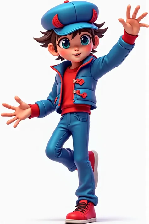 Create a PNGtuber with some poses with the blue outfit and red details and blue cap with red details