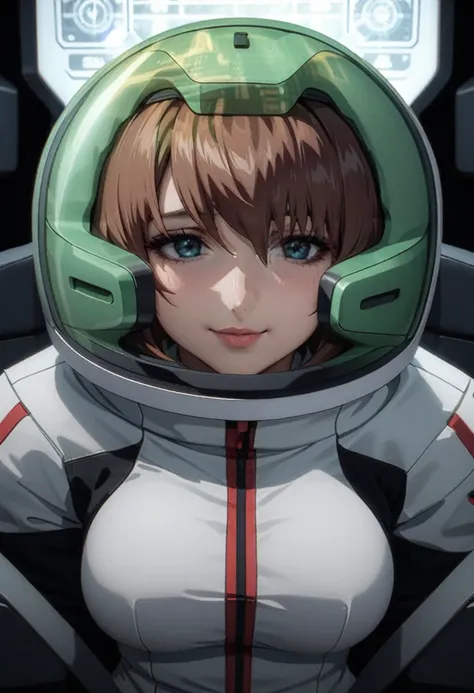 eva helm, spacesuit , astronaut), bubble helmet, space helmet, (1girl:1.1) wearing a (spacesuit:1.15), white cargo pants, (ugh, wtf do these buttons do:1.3), inside the cockpit of a (futuristic spaceship:1.1), sitting in the captains chair, (intricate cont...