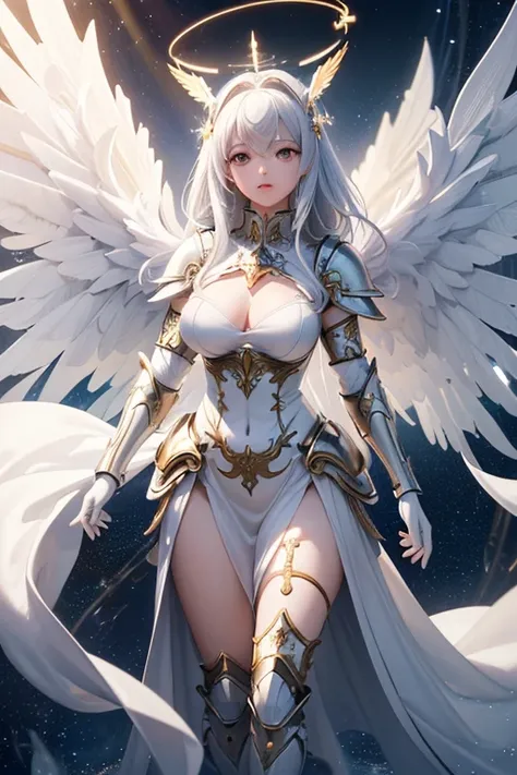 masterpiece, 8K wallpaper incorporating highly detailed CG, 8K Ultra HD, Digital SLR, high quality, clean, ((A goddess in white mechanical armor with large wings, godly aura, magic, fly in the sky)), Glowing Eyes, Cinema Lighting, 超High resolution, 超High r...