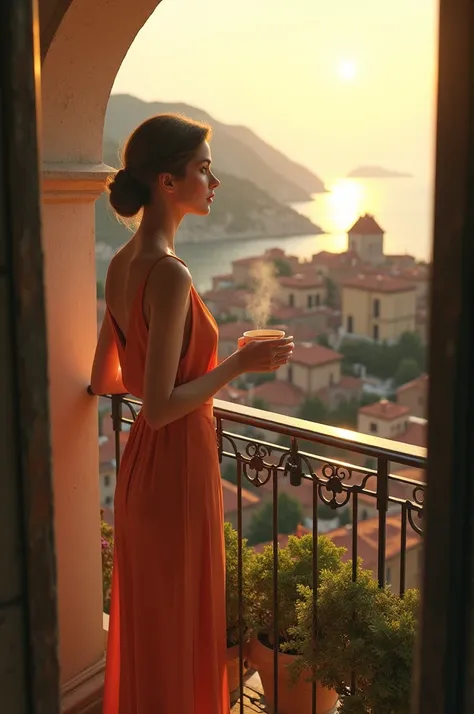 Inspiration on the Balcony: A wide shot of a Mediterranean village at sunrise, with a focus on a balcony overlooking the sea. The scene includes a woman in 1920s vintage fashion, standing on the balcony with a cup of coffee. The sunrise bathes the scene in...